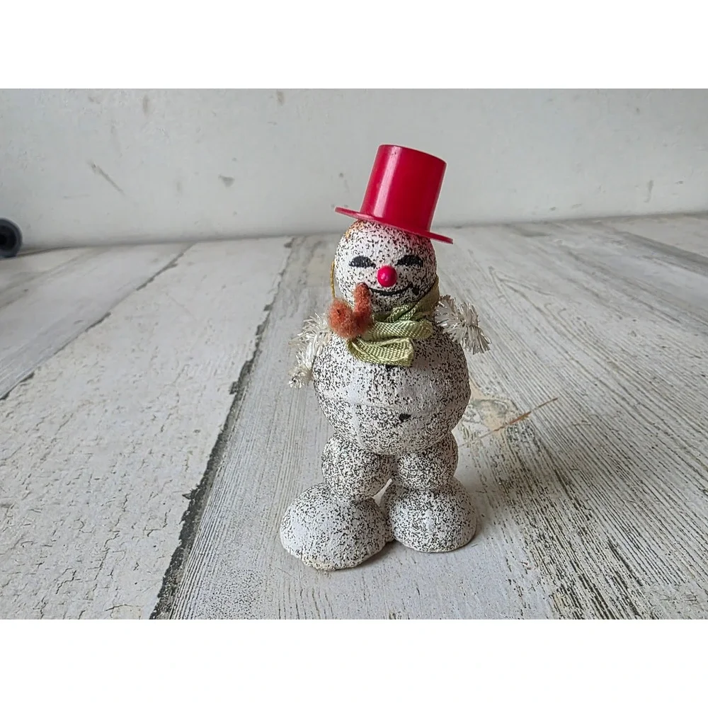 Vintage Japan putz snowman ornament top hat Frosty mica Xmas tree chenille